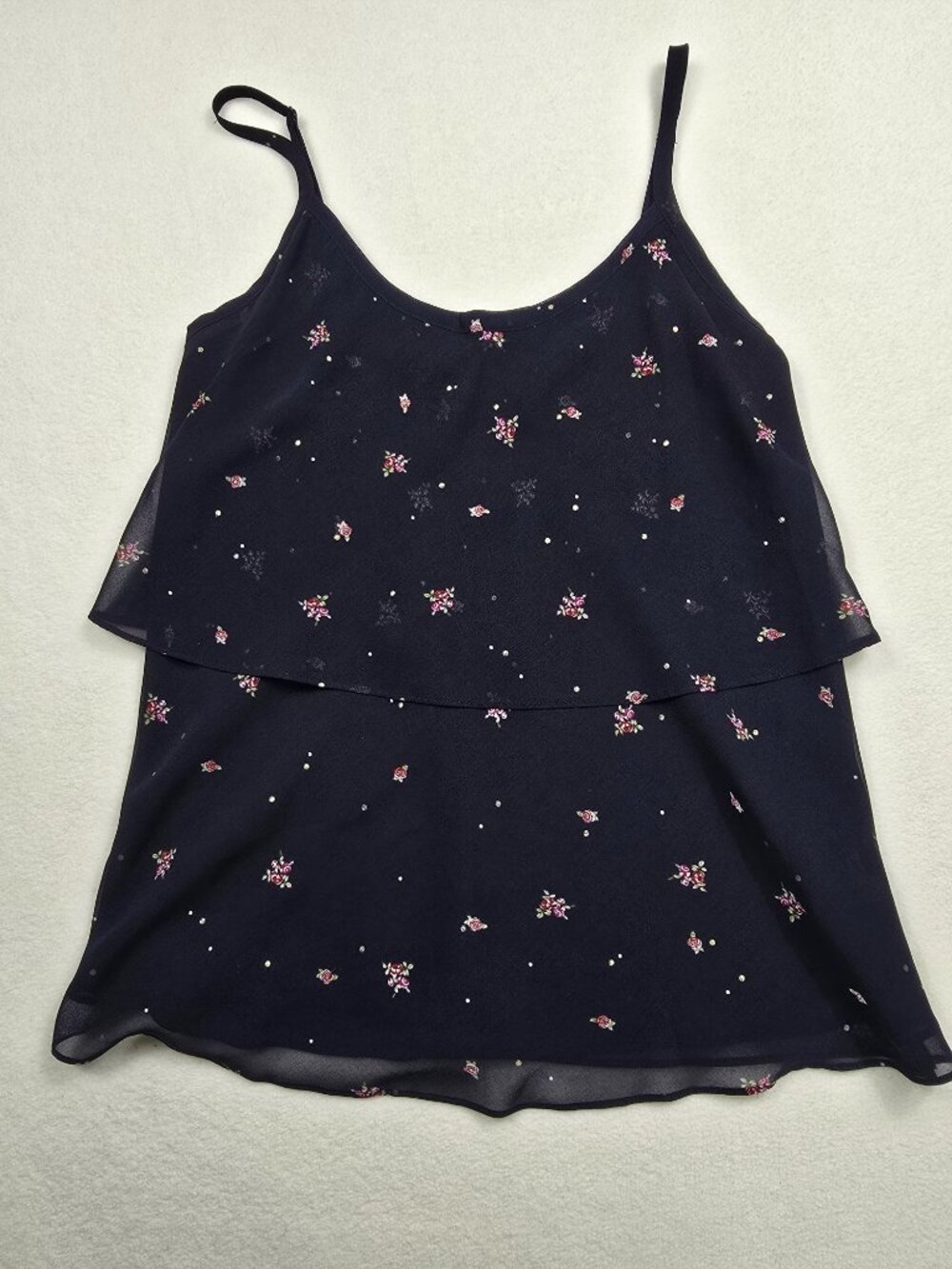 Cabi 795 Navy S Blue Floral Layered Sleeveless Tank Top Tiered Blouse